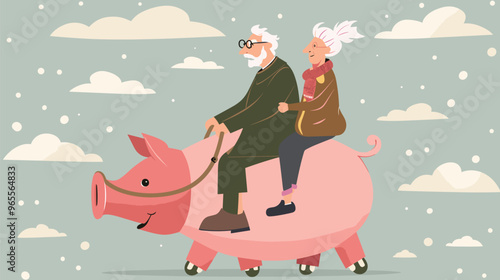 Elderly Couple Riding Piggy Bank to Financial Wealth, Protecting Savings and Searching for Profitable Pension Fund Dividends