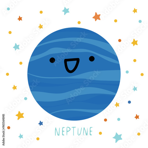 Solar system of planets for kids. Neptune with cartoon face. Vector illustration. Cartoon planet.
