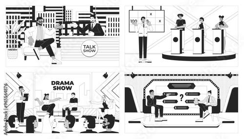 Entertainment TV shows black and white line illustrations set. Interview, drama, game show. Hosts participants 2D characters monochrome backgrounds. Programs outline scenes vector images collection