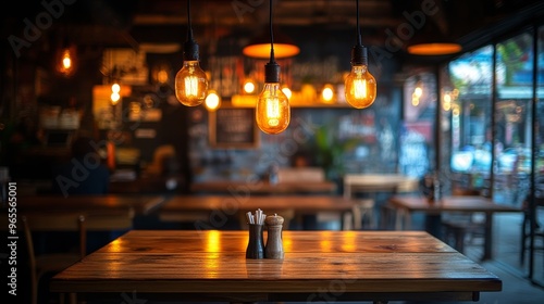 Restaurant with warm, intimate lighting, wooden tables, hanging lights, soft shadows, creating a cozy dining experience with a relaxed feel