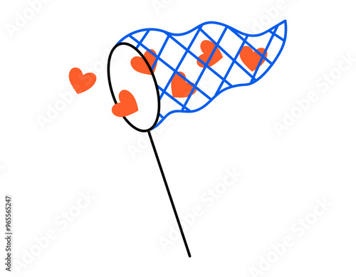 Hand drawn cute cartoon illustration of hearts caught in outline butterfly net. Flat vector searching for love sticker doodle. Find perfect match icon. Dating online app. Romantic feelings. Isolated.