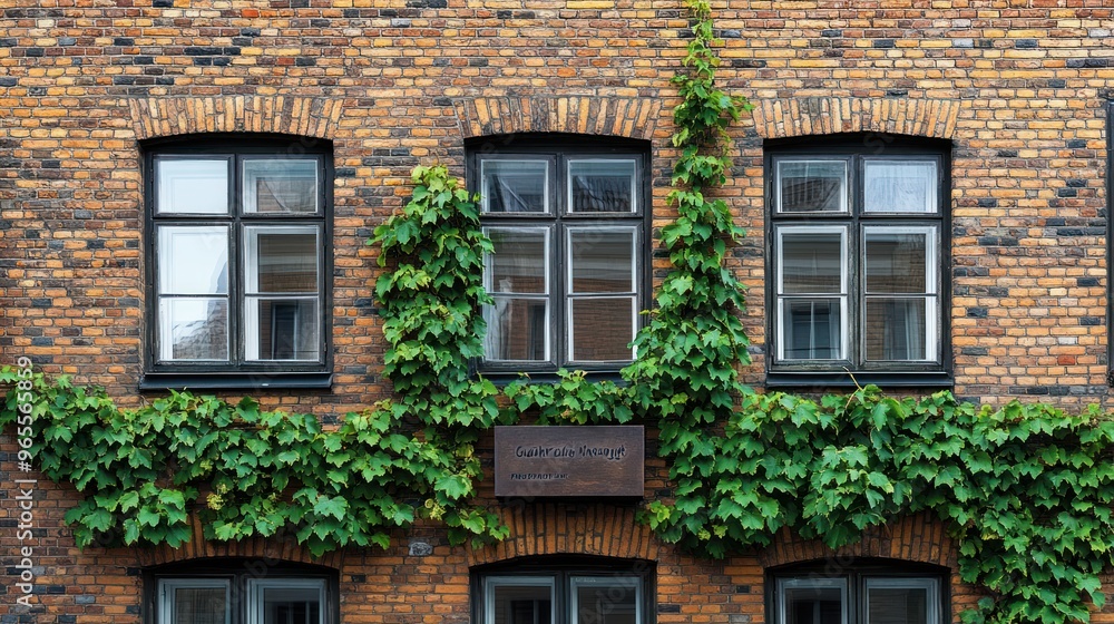 Fototapeta premium Brick Wall With Ivy And Windows