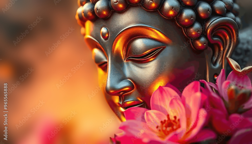 Modern art God Buddha, Buddha statue, golden elements beautiful cherry blossoms around the buddha statue in springtime, sunshine on idyllic garden with cherry tree and buddha on blurred sky background Modern art God Buddha, Buddha statue, golden elements beautiful cherry blossoms around the buddha statue in springtime, sunshine on idyllic garden with cherry tree and buddha on blurred sky background
