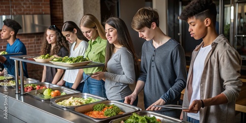 Students in cafeteria line choosing healthy lunch options