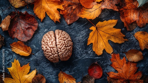 Human brain surrounded by autumn leaves on dark textured surface, concept of autumn mood, nature and psychology
