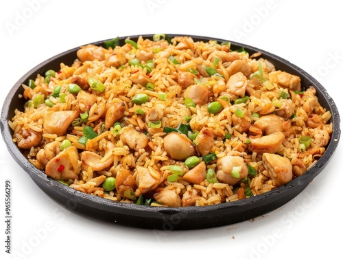 A plate of fried rice with chicken and green onions, showcasing a delicious and appetizing dish.