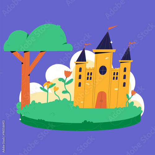 fairy tale castle on the hill, castle illustration, cartoon castle