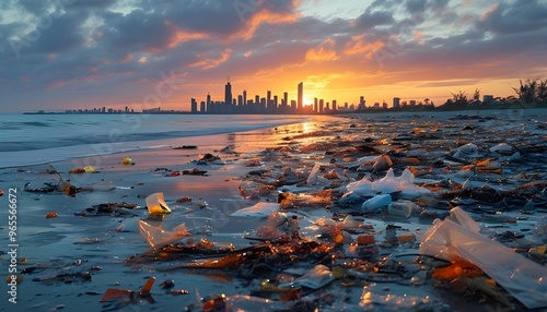 Dramatic sunset over a polluted urban beach strewn with plastic waste and debris, with a city skyline silhouetted in the background photo