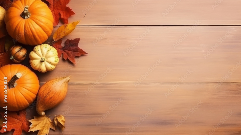 Autumn Scene with Pumpkins and Corn on Wooden Background Autumn Scene with Pumpkins and Corn on Wooden Background