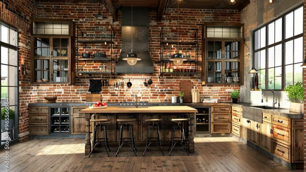 Renovated rustic kitchen with exposed brick and wooden accents featuring modern appliances and an inviting breakfast island Renovated rustic kitchen with exposed brick and wooden accents featuring modern appliances and an inviting breakfast island