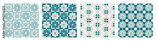 Collection of Arabic geometric mosaic printable seamless pattern with abstract Moroccan print in blue and orange colors. Ramadan Kareem Traditional Islamic art Illustration background