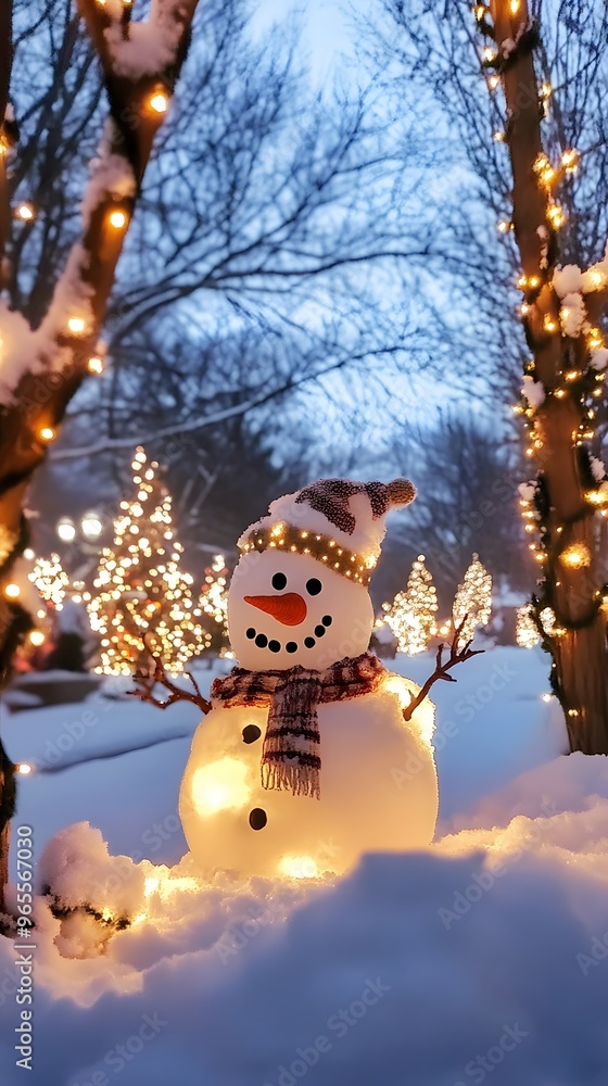 Obraz premium Illuminated Snowman in Snowy Landscape with Christmas Lights