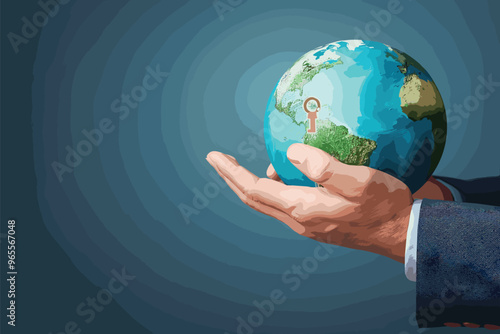 Global Investments: Businessman's Hand Holding Globe with Keyhole, Entrepreneur Running with Access Key to Financial Market Goals