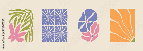 Trendy aesthetic posters with abstract groovy floral shape with flowers and leaves. Simple irregular wild plants. Naive funky prints for wall art, interior decorations. Boho summer illustrations