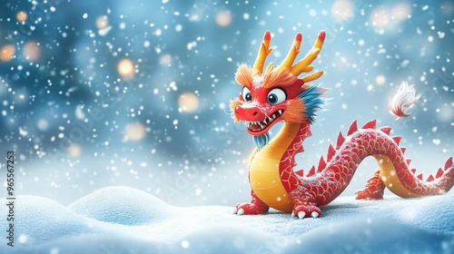 Chinese New Year of the Dragon 2025 Poster Featuring a Cartoon 3D Dragon Character on a Snowy Winter Background photo