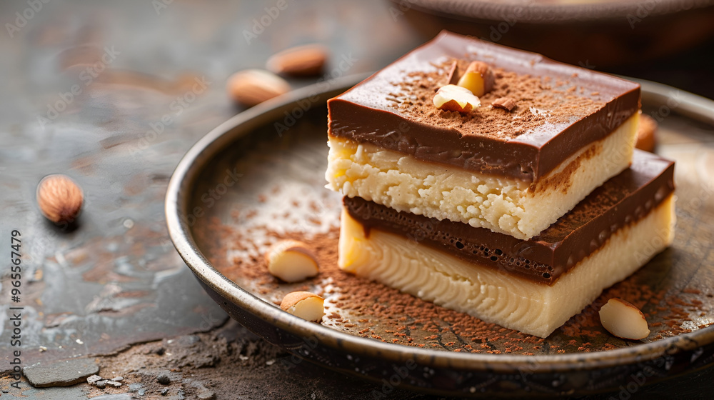 Chocolate mawa barfi, chocolate vanilla pateesa, or two-layered burfi dessert copy space Chocolate mawa barfi, chocolate vanilla pateesa, or two-layered burfi dessert copy space