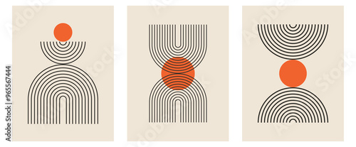 Set of trendy modern abstract geometric  vector posters with circle, square line shape. Minimalistic print for wall art decoration, postcard or brochure cover design in retro style art