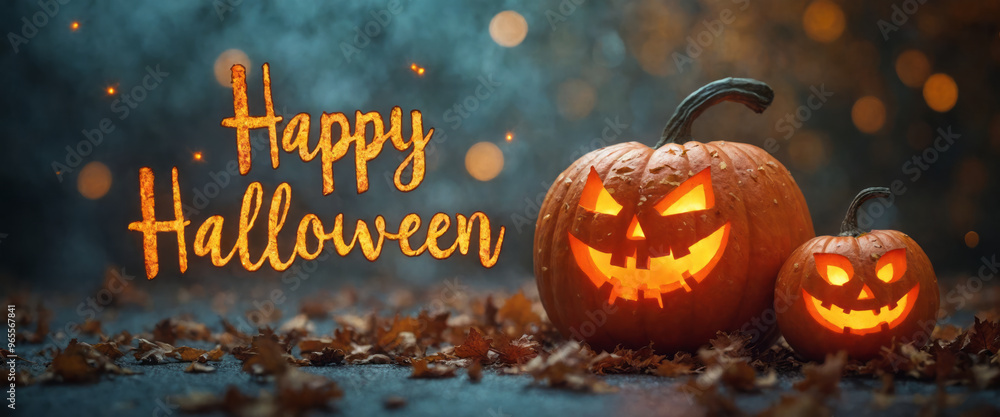 Happy Halloween with pumpkins on autumn leaves in a spooky hazy forest Happy Halloween with pumpkins on autumn leaves in a spooky hazy forest