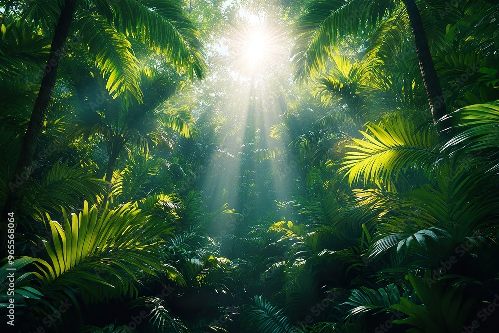 A panoramic view of a tropical rainforest canopy with sunlight streaming through the foliage A panoramic view of a tropical rainforest canopy with sunlight streaming through the foliage