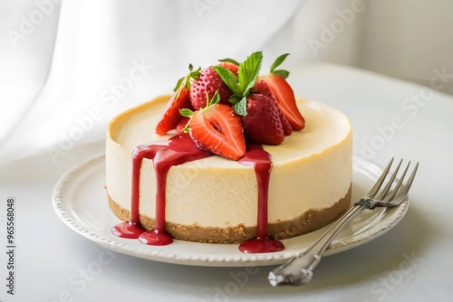 Classic New York Cheesecake with Strawberries, Strawberry Sauce Drizzle, and Creamy Texture