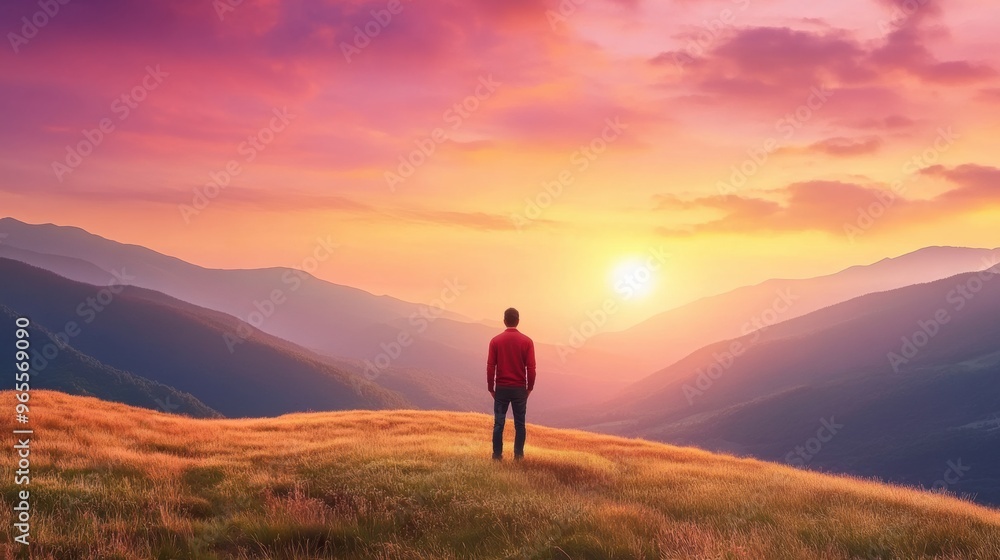 A man standing on a hill overlooking the mountains at sunset, AI A man standing on a hill overlooking the mountains at sunset, AI
