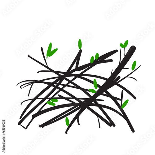 Sketch hatched leaves and twigs collection. Scribble dry branches, handdrawn sketchy plant elements