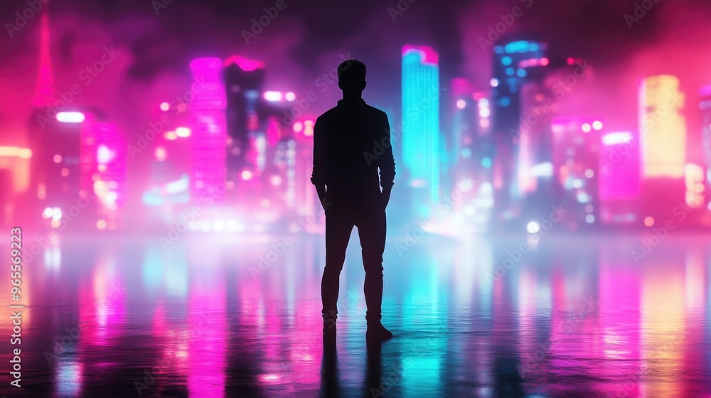 Black silhouette of a man against a colorful neon background, standing tall with futuristic city lights Black silhouette of a man against a colorful neon background, standing tall with futuristic city lights