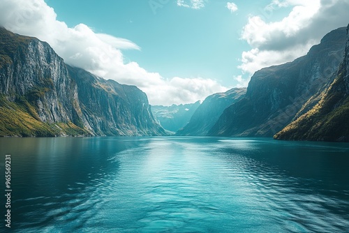 A picturesque view with dramatic cliffs and turquoise waters