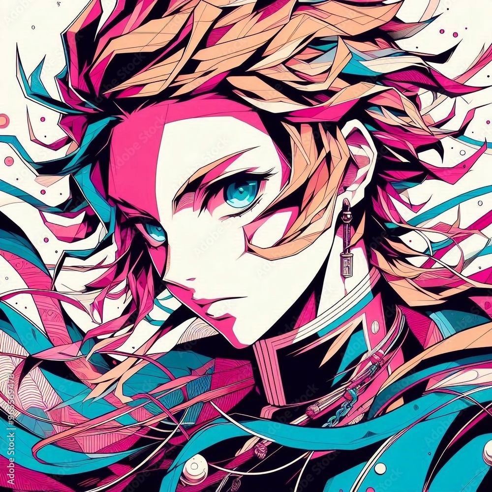 Naklejka premium Portrait of a character in anime art style, complex linearity, bright colors, dynamic pose.