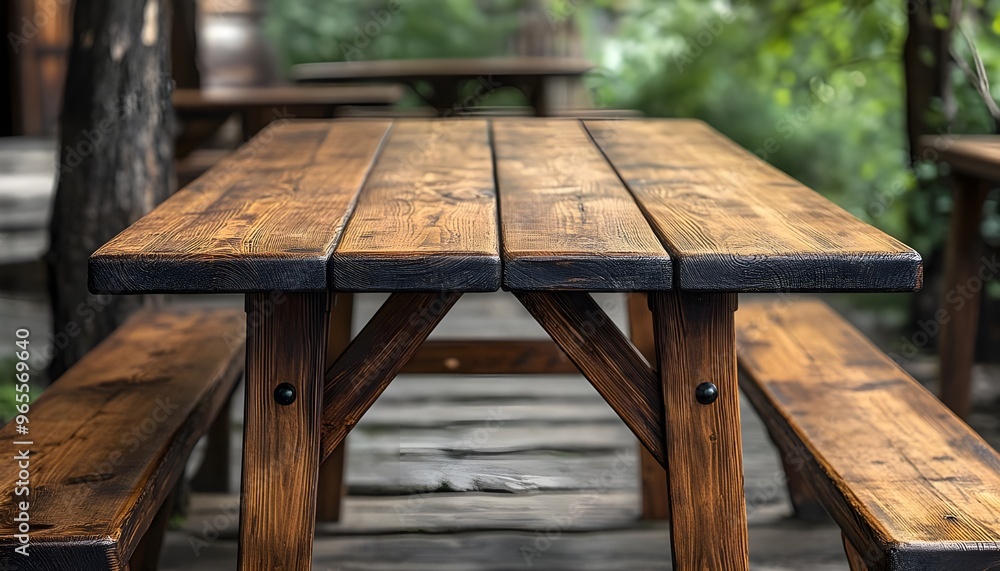 A rustic wooden picnic table positioned centrally in a serene outdoor setting, surrounded by lush greenery. A rustic wooden picnic table positioned centrally in a serene outdoor setting, surrounded by lush greenery.
