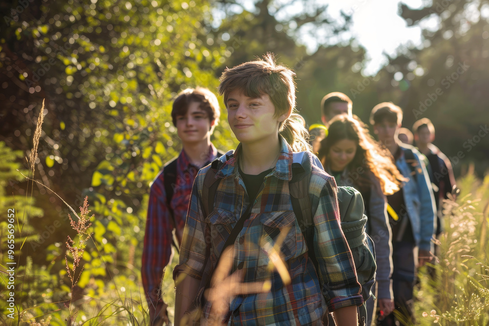 Group of teenagers hiking through nature, enjoying outdoor adventure Group of teenagers hiking through nature, enjoying outdoor adventure