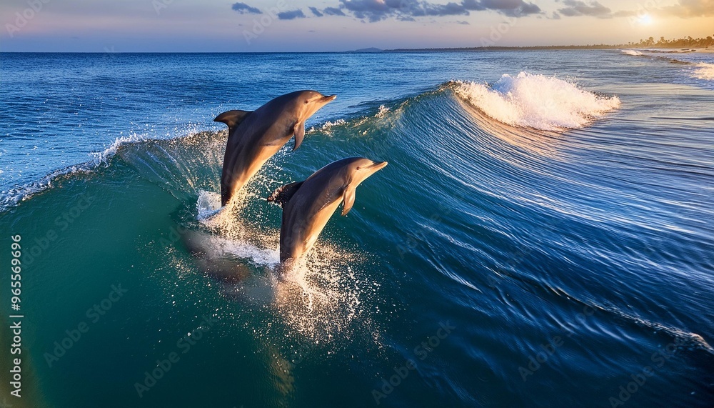 Naklejka premium Playful dolphin duo leaping over ocean waves