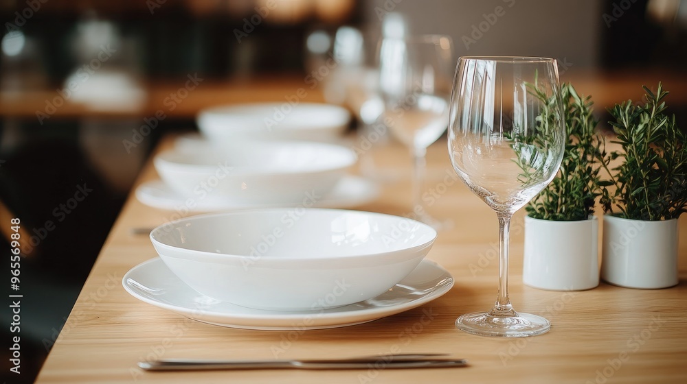 Elegant white porcelain dishes on a wooden table with a minimalistic table setting, showcasing timeless style Elegant white porcelain dishes on a wooden table with a minimalistic table setting, showcasing timeless style