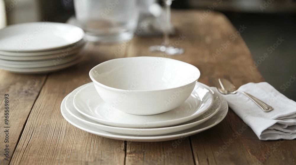 Elegant white porcelain dishes on a wooden table with a minimalistic table setting, showcasing timeless style Elegant white porcelain dishes on a wooden table with a minimalistic table setting, showcasing timeless style