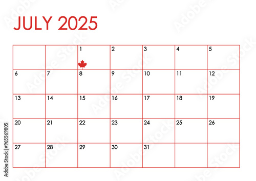 July 2025 month calendar. Simple design in red and black colors and a maple leaf marking Canada Day on July 1st