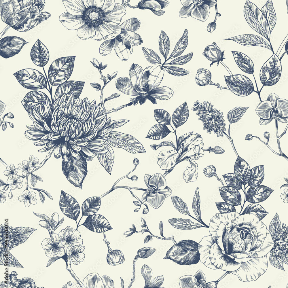 Abstract modern floral seamless pattern with hand drawn flower in Toile de jouy style. Retro elegance repeat print. Vintage design for fabric, wallpaper or wrapping Abstract modern floral seamless pattern with hand drawn flower in Toile de jouy style. Retro elegance repeat print. Vintage design for fabric, wallpaper or wrapping