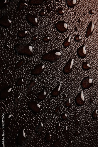 A dark brown leather background with a subtle pattern of raindrops, each reflecting a small piece of light. 