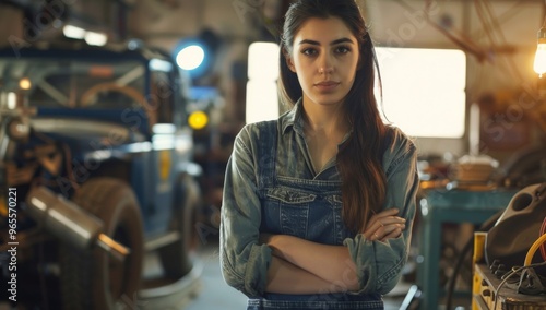 Confident professional female mechanic in overalls stands with her arms crossed, equal rights for women. Diversity and inclusion same pay and strong female leadership