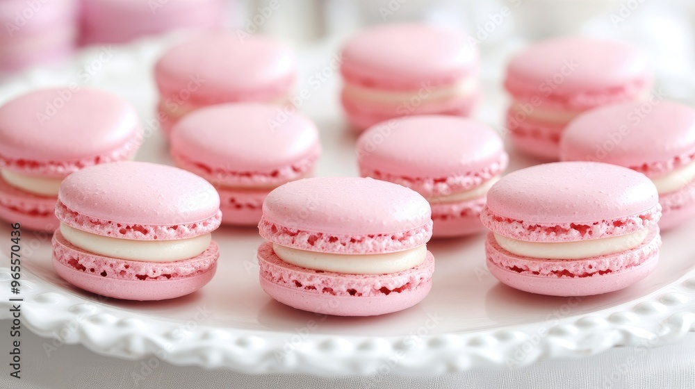 Fototapeta premium Pink macarons arranged on a white platter, symbolizing sweetness, indulgence, and luxury desserts