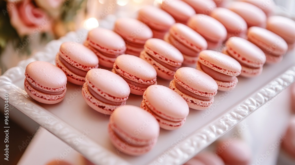 Fototapeta premium Pink macarons arranged on a white platter, symbolizing sweetness, indulgence, and luxury desserts