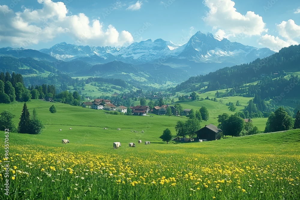 Obraz premium A scenic view of the Swiss countryside with rolling hills quaint villages and grazing cows