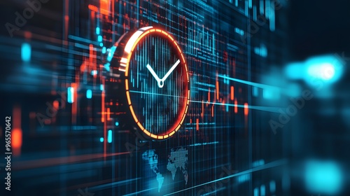 Abstract image of a digital clock with economic policy symbols, concept of timing in economic strategy