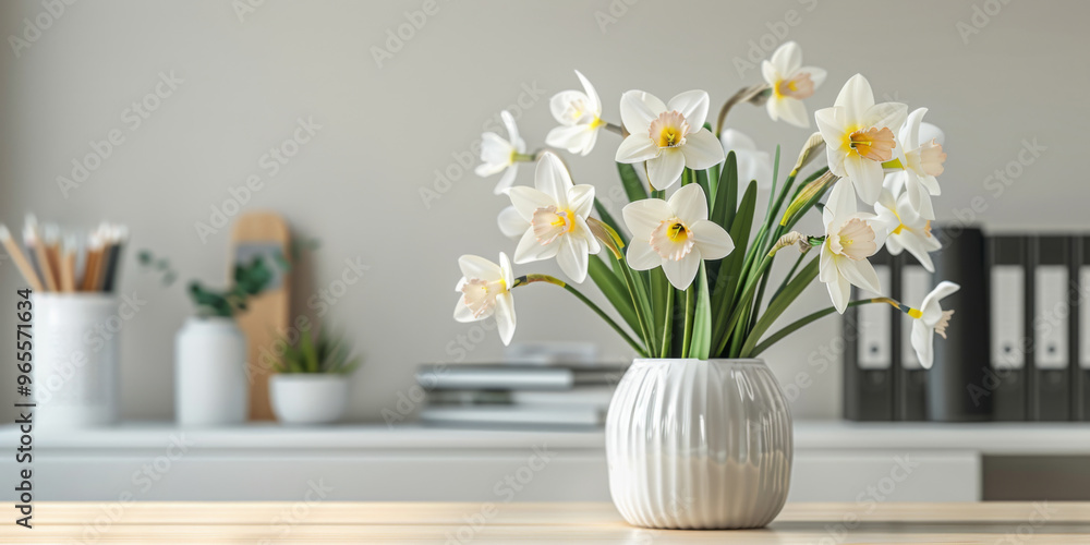 minimalist Home office, interior for bloggers workplace with white daffodils in a vase minimalist Home office, interior for bloggers workplace with white daffodils in a vase