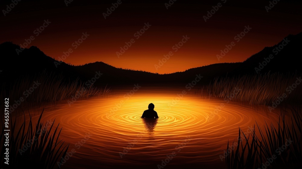 Silhouette of a Person Standing in a Lake at Sunset Silhouette of a Person Standing in a Lake at Sunset