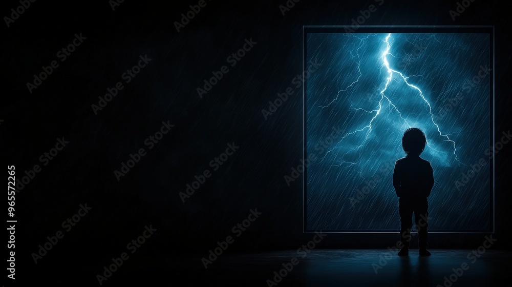 Obraz premium Child Watching Thunderstorm Through Window