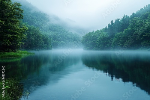 A serene misty lake surrounded by lush green forests and rolling hills