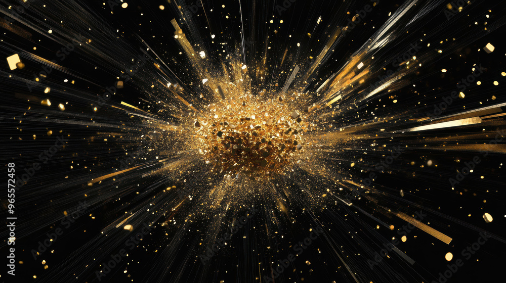 Obraz premium Gold particles explosion on black background creates a stunning visual of shimmering movement and dynamic energy that captures the essence of celebration and luxury.