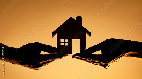 silhouette image, hands holding house, homeownership symbol, unity, dream of homeownership, house-shaped cardboard, detailed silhouette, two hands, symbolic image, home symbol, unity and togetherness,