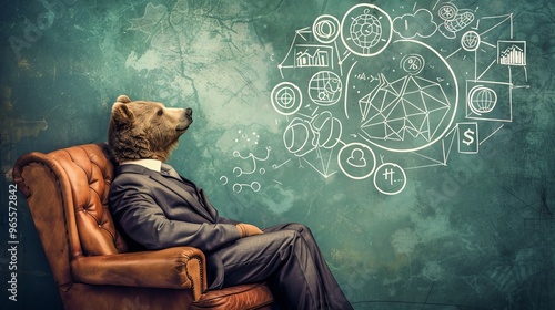 Bearded Businessman Contemplative Anthropomorphic Bear in Suit Pondering Graphs and Charts photo