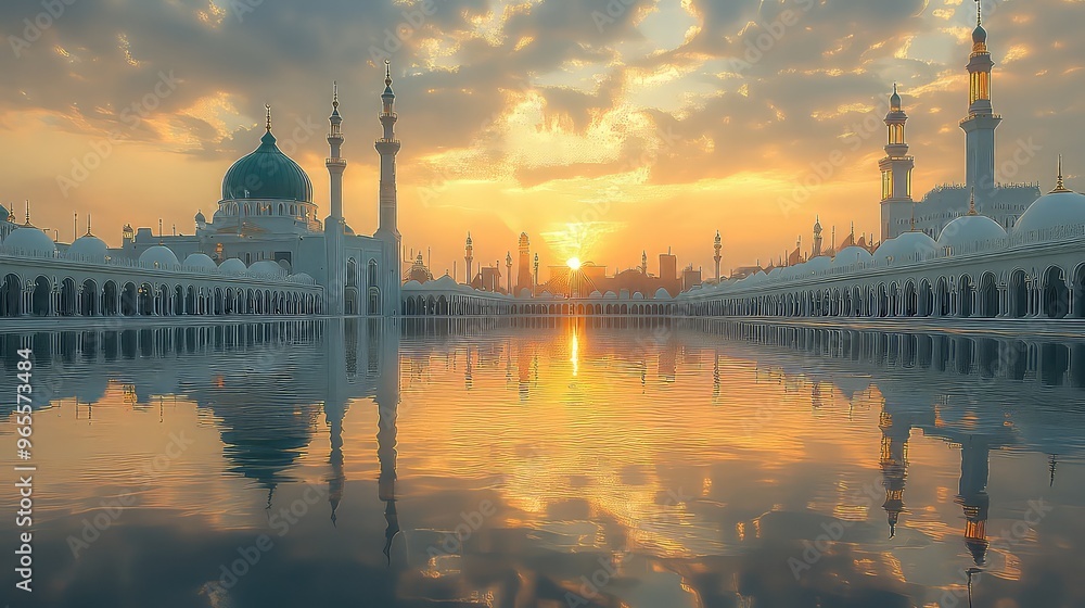 Obraz premium Illustration Of A Mosque And Mecca, Generative AI
